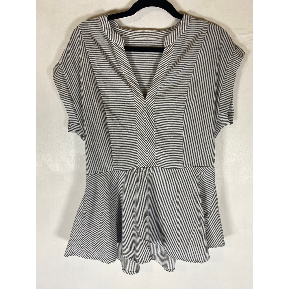 Striped Peplum Blouse V Neck Cuffed Sleeve Gray White Stretch Top Medium